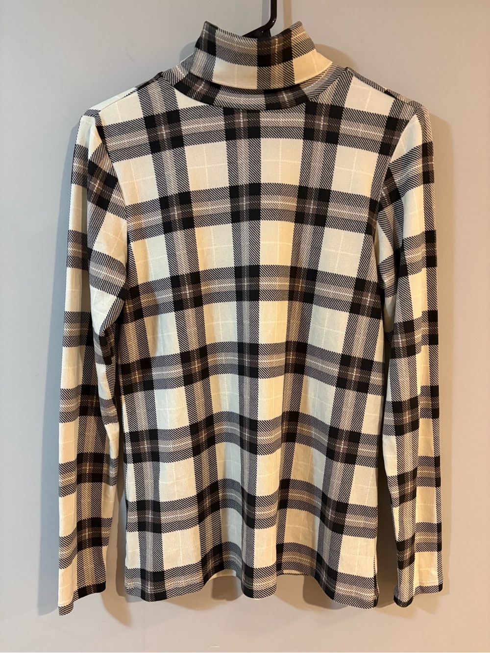 Ann Taylor Factory Plaid Turtleneck Top Women’s Small Black Cream Stretch